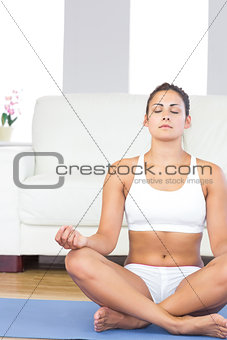 Brunette woman in sportswear sitting on an exercise mat