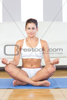 Pretty sporty woman in sportswear sitting on an exercise mat in her living room