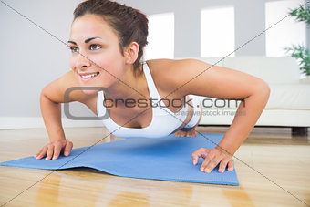 Young fit woman doing press ups on an exercise mat