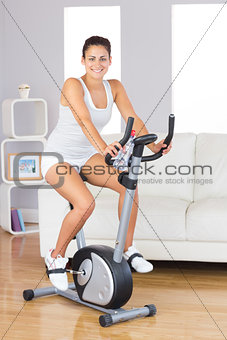 Cheerful young woman training on an exercise bike in her living room