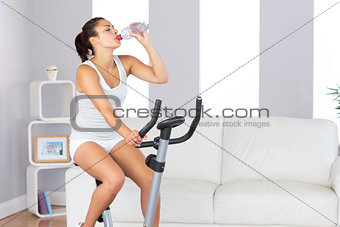Lovely slender woman drinking while training on an exercise bike