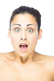 Front view of astonished woman looking at camera