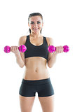 Front view of gorgeous active woman making use of dumbbells