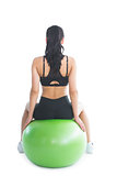 Rear view of slender ponytailed woman sitting on an exercise ball