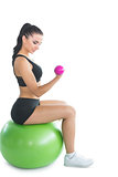 Attractive young woman sitting on an exercise ball using pink dumbbells