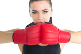 Gorgeous sporty woman posing wearing boxing gloves