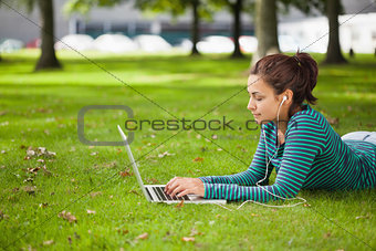 Calm casual student lying on grass using laptop
