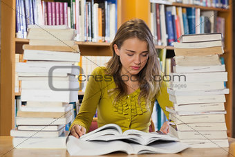 Concentrating pretty student studying between piles of books