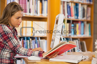Pretty focused student reading book using computer