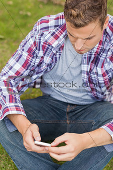 Handsome unsmiling student sitting on grass texting