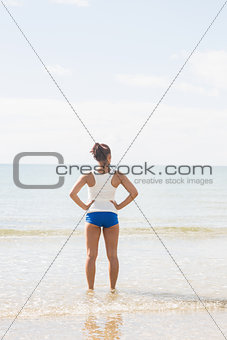 Rear view of woman standing on the beach with hands on hips