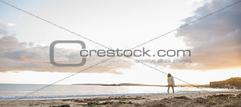 Woman in sweater walking on beach