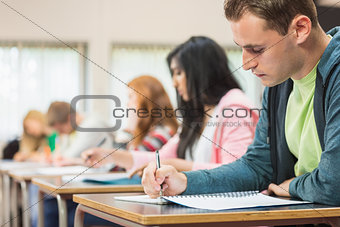 Young students writing notes in classroom