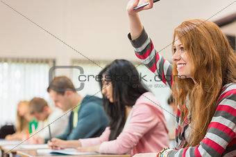 Female student raising hand by others in classroom
