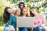 Young college girls using laptop in the park