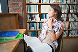 Thoughtful female student with a book in the library