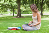 Student with tablet PC and books at the park