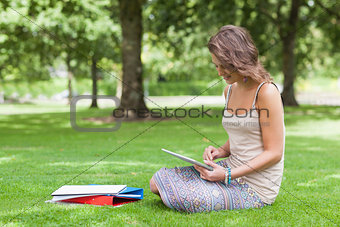Student with tablet PC and books at the park