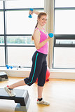 Woman performing step aerobics exercise with dumbbells