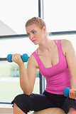 Fit beautiful woman with dumbbells sitting on exercise ball