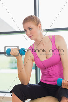 Fit beautiful woman with dumbbells sitting on exercise ball