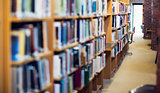 Aisle along bookshelves in the college library