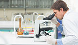 Scientific researcher using microscope in a laboratory