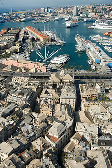 view of historical center and harbour of Genoa Italy