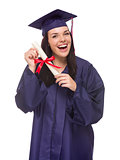 Mixed Race Graduate in Cap and Gown Holding Her Diploma 