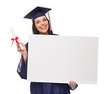 Female Graduate in Cap and Gown Holding Blank Sign, Diploma