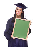 Mixed Race Female Graduate in Cap and Gown Holding Chalkboard 