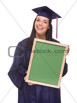 Mixed Race Female Graduate in Cap and Gown Holding Chalkboard 