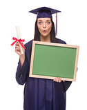 Female Graduate in Cap and Gown Holding Diploma, Blank Chalkboar