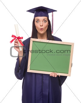 Female Graduate in Cap and Gown Holding Diploma, Blank Chalkboar