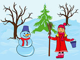 Child girl and snowman in wintertime