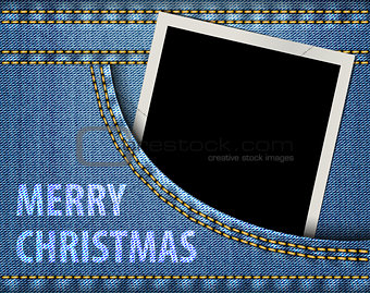 Merry Christmas greeting and blank photo frame in blue jeans poc