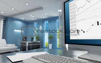 Workplace of the trader in modern cubicle with keyboard and monitor