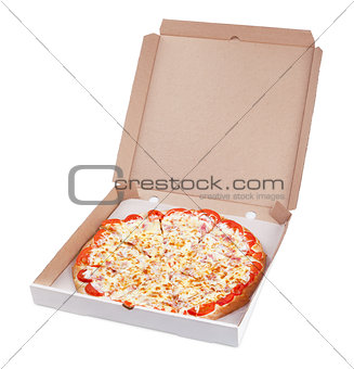 Delicious italian pizza in cardboard box