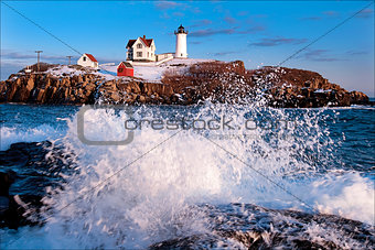Crashing Waves at Maine Lighthouse