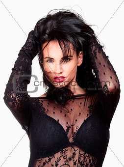 Woman with Black Hair in Sexy See-Through Dress 