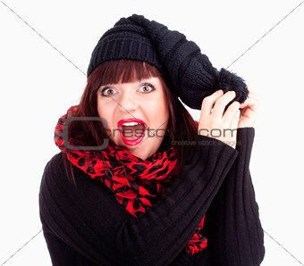 Surprised Woman in Black Cap and Red Scarf 