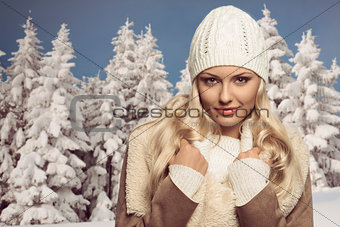 winter close-up portrait of blonde female