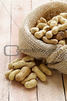 peanuts nuts in a bag on wooden table