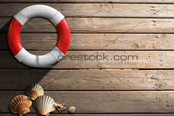 Life Buoy on Wooden Wall with Seashells