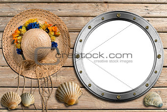 Metal Porthole on Wooden Boardwalk with Sand