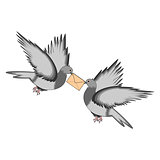 Two pigeons with a letter on a white background