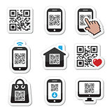 QR code on mobile or cell phone icons set