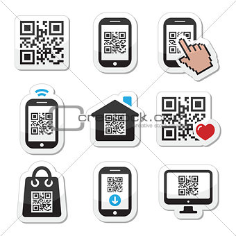 QR code on mobile or cell phone icons set