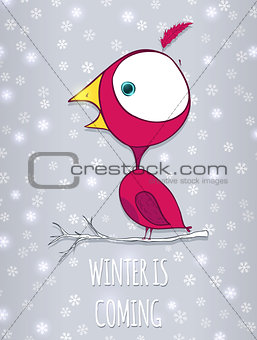 Bird sitting on branch. Winter background with snowflakes. Doodle vector Illustration