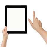 female teen hands using tablet pc with white screen